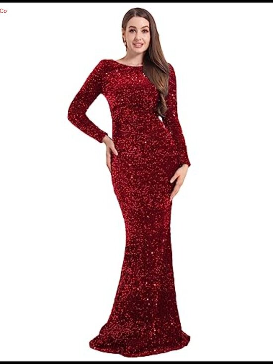 Dresses & Skirts - Velvet Sequin Bodycon Maxi Gown Long Sleeve Formal Evening Party Dress